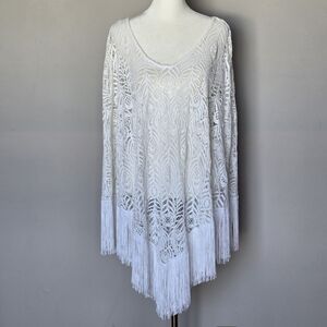 Inca Boho White Lace Fringe Poncho Swim Coverup O/S